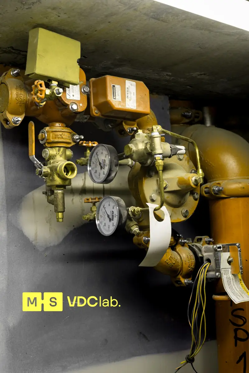 Fire sprinkler riser with alarm check valve and pressure gauges, drawn and hydraulically calculated by VDClab