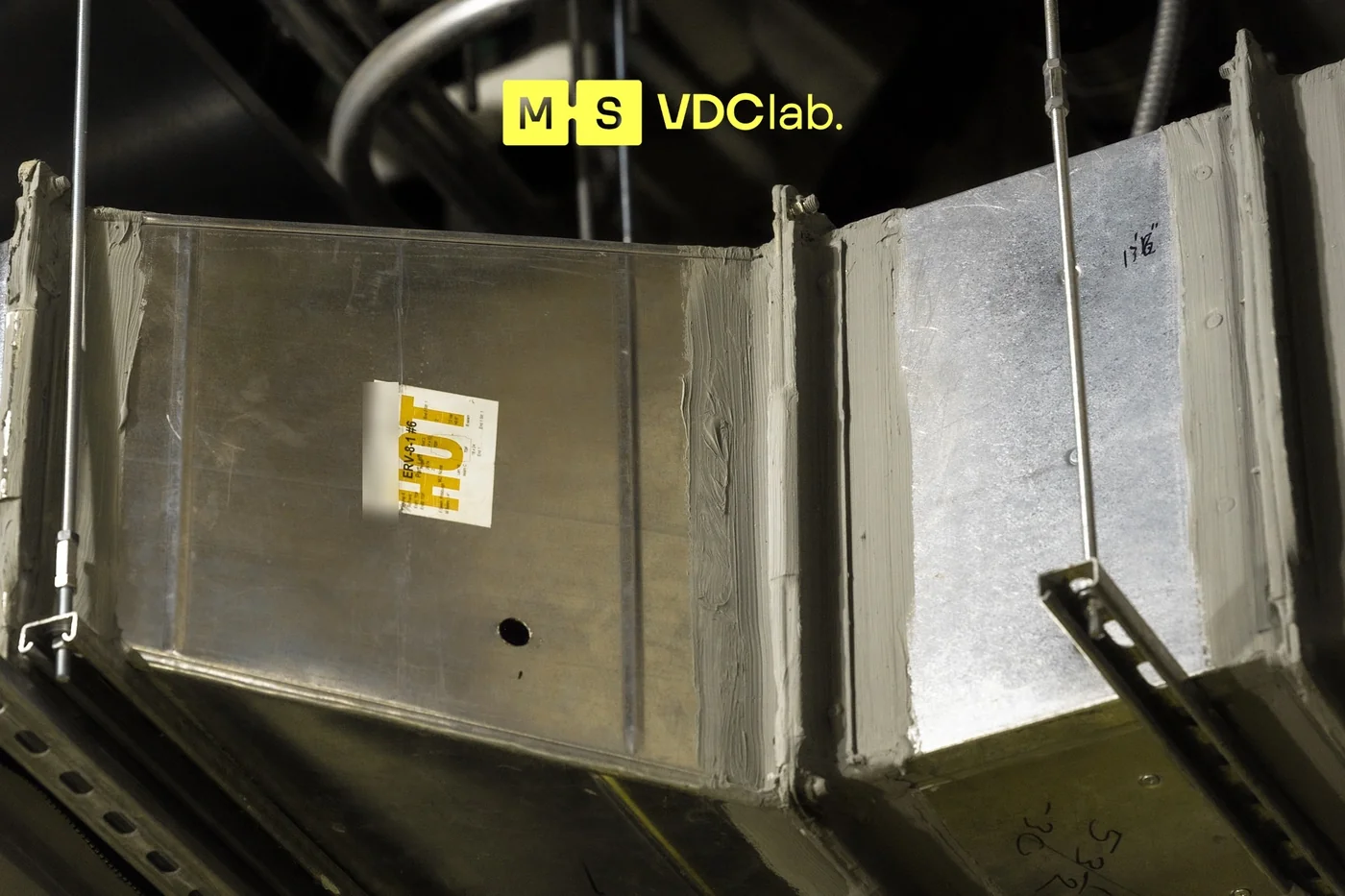 Fabricated duct section with piece tag installed from a VDClab fabrication ticket