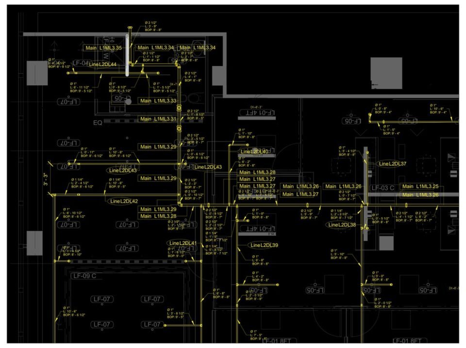 Office floor — Manhattan, NY (sprinkler renovation on an existing loop, hydraulic recalculation from a 15,000-gal tank) — MEP shop drawing 1 of 4