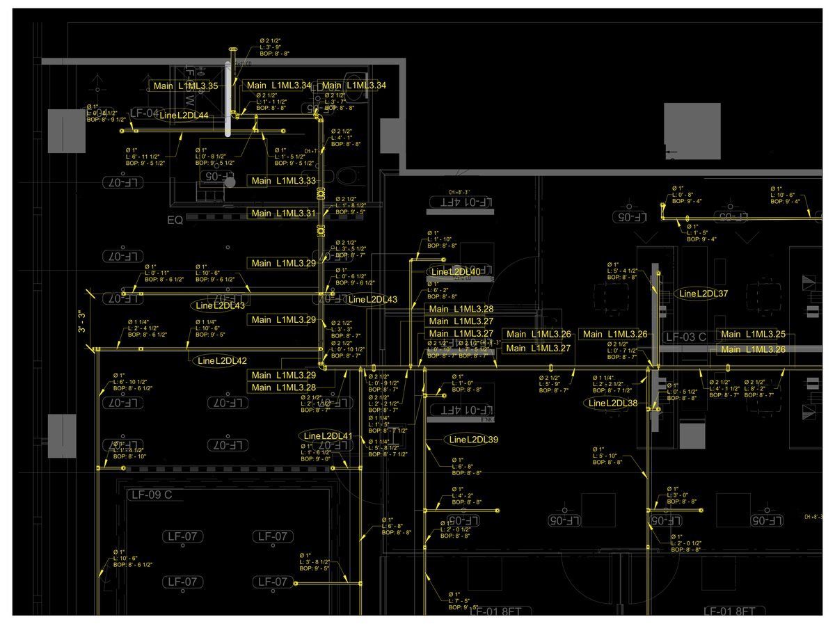 Office floor — Manhattan, NY (sprinkler renovation on an existing loop, hydraulic recalculation from a 15,000-gal tank) — MEP shop drawing 1 of 4