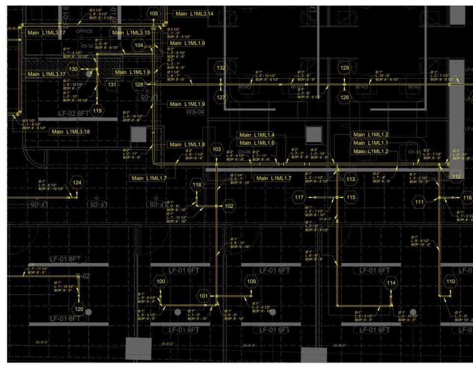 Office floor — Manhattan, NY (sprinkler renovation on an existing loop, hydraulic recalculation from a 15,000-gal tank) — MEP shop drawing 2 of 4