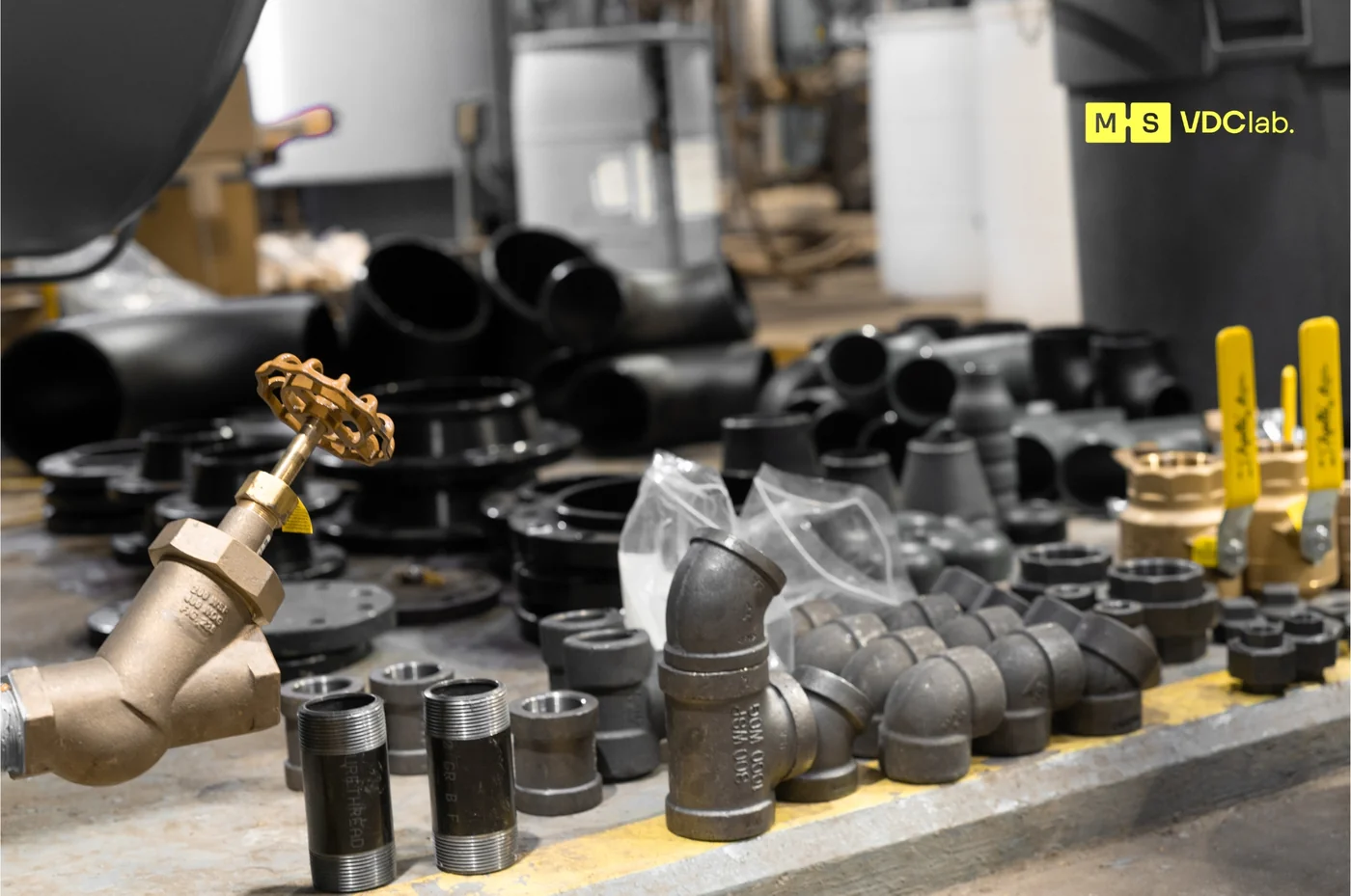 Valves, elbows and fittings laid out for a plumbing installation