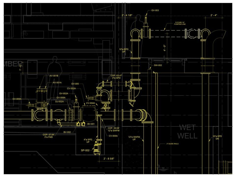 Stormwater pumping station — Bronx, NY (force mains, valves, submersible pumps) — MEP shop drawing 2 of 3